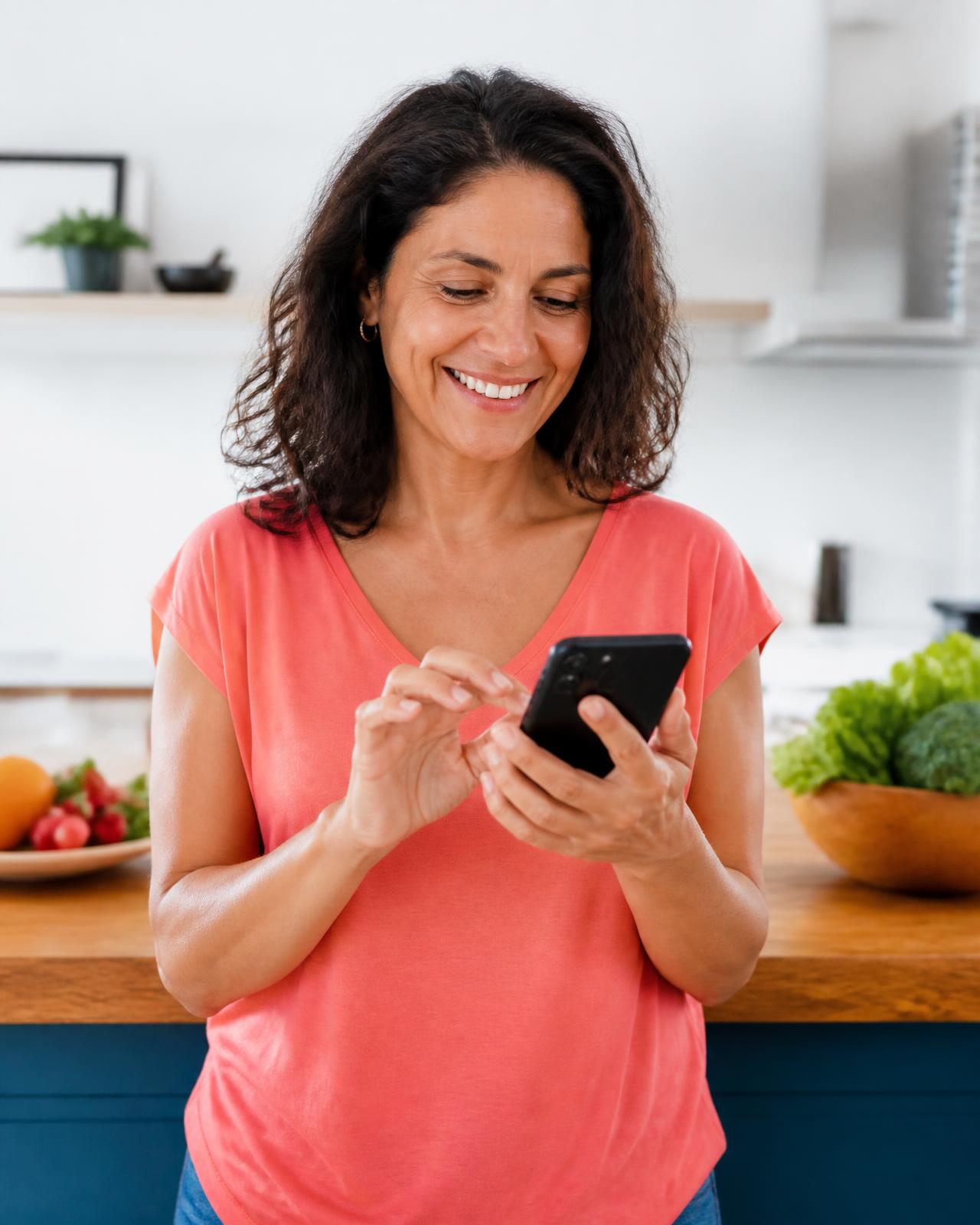 Mulher 40+ sorrindo enquanto usa o aplicativo Menofit no celular